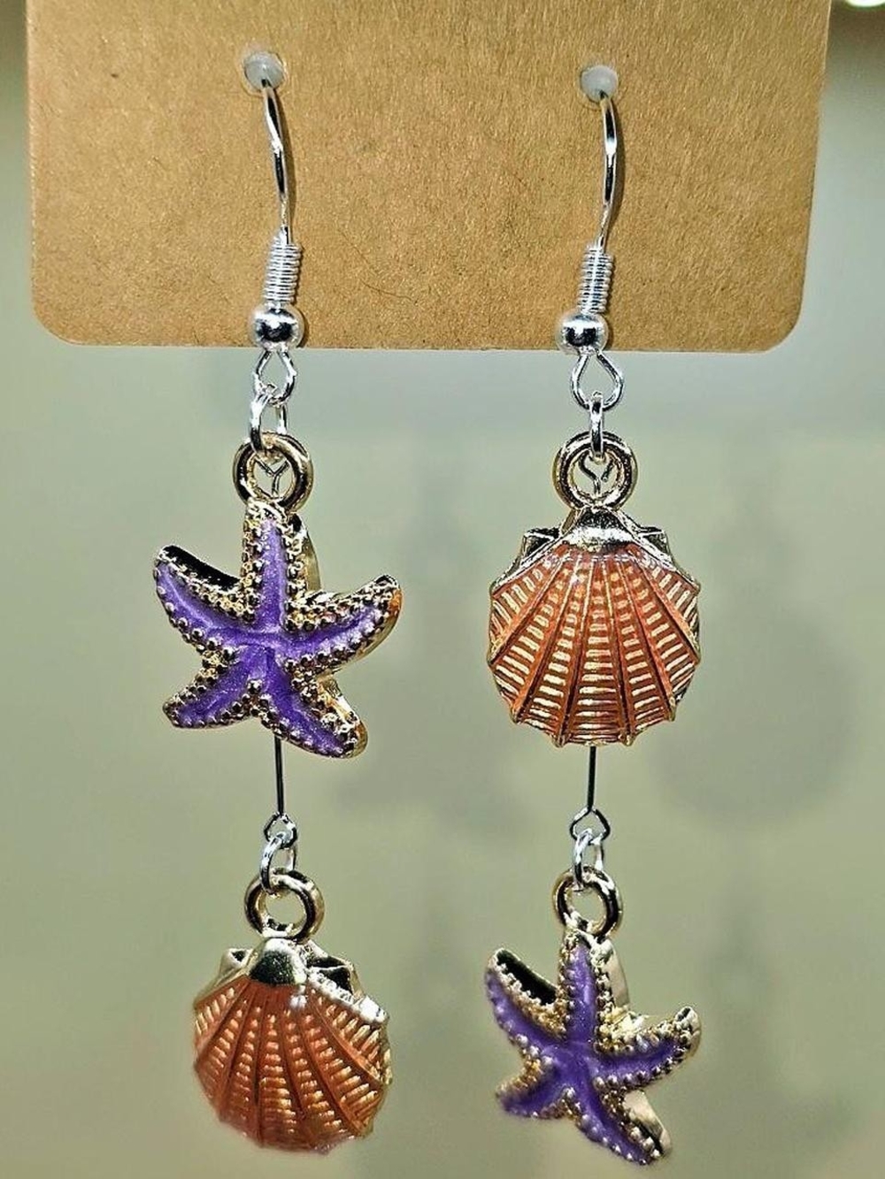 Purple Starfish & Coral Shell Dangle Earrings